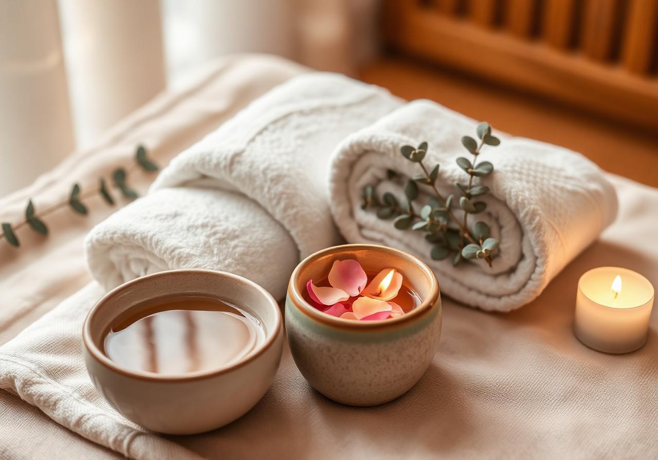 Detail rituálu — teplé ručníky a aromaterapie